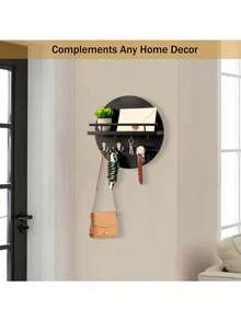 壁挂式钥匙架，带置物架和挂钩，邮件收纳架，圆形玄关钥匙架，乡村风格家居装饰 - 1 Pack - 查看 4