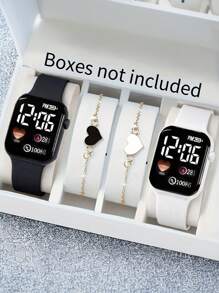 4件套时尚可爱情侣数字手表和心形手链套装，适合学生及各种场合佩戴