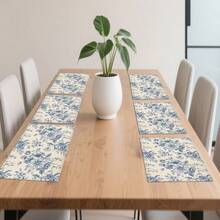 6pcs Blue And White Porcelain Pattern Placemats, 100% Polyester Woven, Size 12"X18"/30cm X 45cm, Machine Washable, Heat Resistant, Stain Proof, Waterproof, Easy To Clean, Suitable For Tabletop Decor, Dish Protection, Gifts, Party Decoration, Kitchen And Living Room Decor. - Blue - View 7