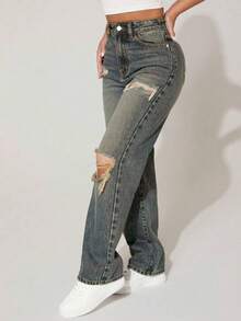 Teen Girl Vintage Distressed Straight Leg Blue Jeans - Medium Wash - View 4