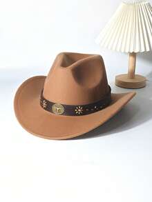 1pc Unisex Western Cowboy Hat, Decorated With A Detachable Floral Gemstone Bull Head Belt - 100% Polyester Hand-Woven Jazz Top Hat, Non-Elastic, Lightweight Design, Suitable For Outdoor Activities, Horseback Riding, Party Stage Performances, Birthday Parties