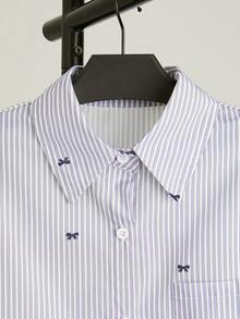 女士条纹领结长袖单排扣休闲口袋衬衫 - 灰色 - 查看 4