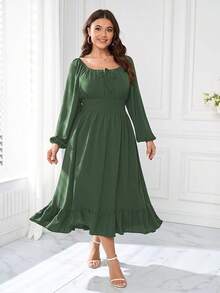 Women's Plus Size Midi Dress Long Sleeve Scoop Neck Elastic High Waist A Line Dresses Women Wedding Guest Dress - 軍綠色 - 查看 8