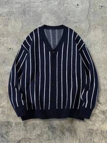 男士复古竖条纹提花长袖V领纽扣开衫，休闲宽松针织外套，适合春、秋、冬三季穿着。 - 藏蓝色 - 查看 3