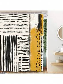 Abstract Geometric Neutral Bathroom Shower Curtain With Hooks, Minimalist Modern Tan Contemporary Striped Bathroom Decor Waterproof - 芥末黃黑色 - 查看 3