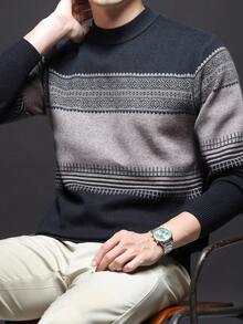 男士厚圆领毛衣，商务休闲提花针织长袖套头衫，适合分层穿着或外套，秋冬 - 黑色 - 查看 2