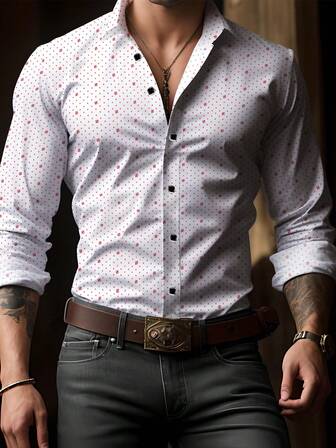 Men's White & Red Geometric Print Shirt, Slim Fit Long Sleeve Single-Breasted Collared White Shirt, Suitable For Spring, Summer, Autumn, Elegant & Fashionable Top For Business And Formal Occasions, Made Of Polyester