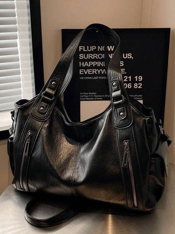 New Fashion Classic Multifunctional Commuting Solid Color Large Capacity Retro PU Fabric Shoulder Bag Handbag Wallet, Zipper Opening And Designed Women's Shoulder Bag, Suitable For Shopping And Travel Carrying, New Arrival Tote Bags For Woman