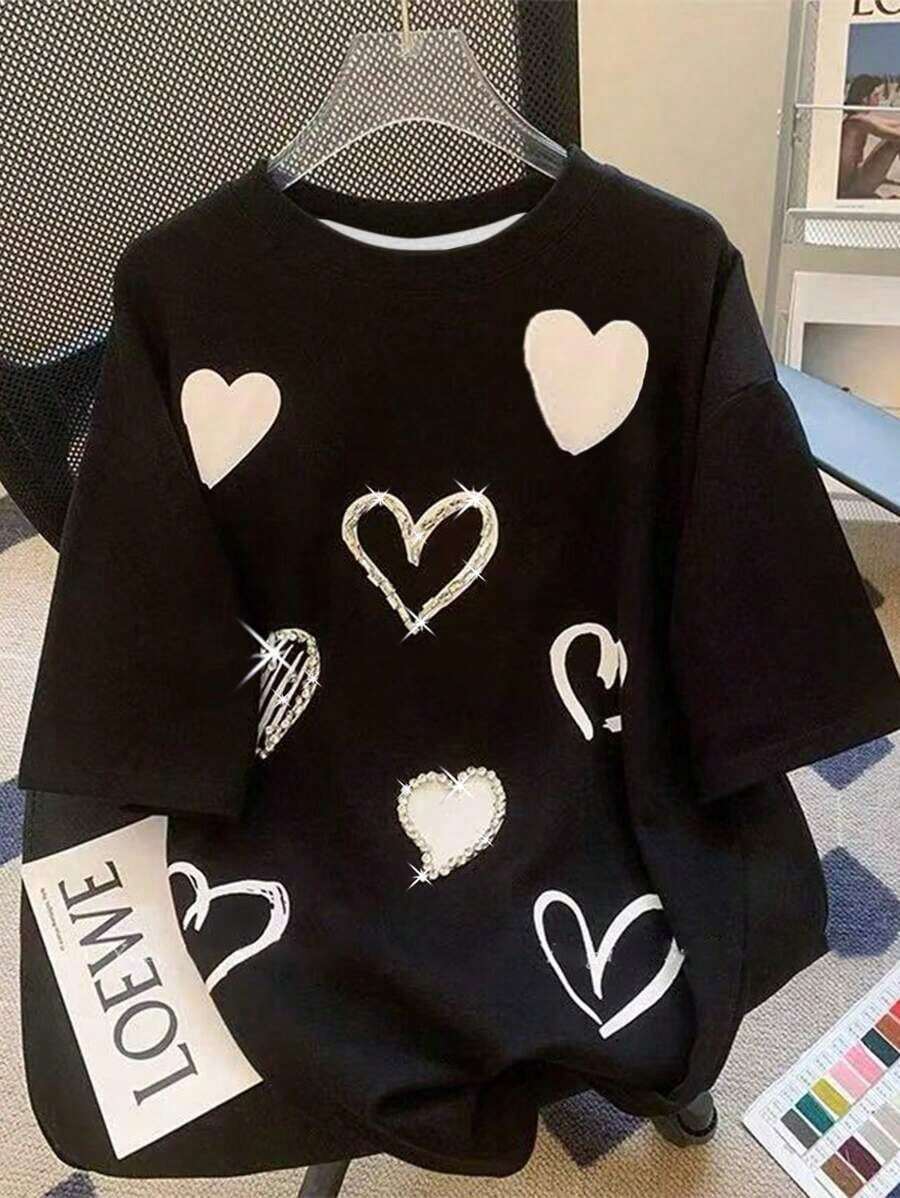 Camiseta de manga corta con cuello redondo, decoración de strass con estampado de corazón para mujeres - Multicolor 2 - Ver 1