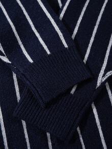 男士复古竖条纹提花长袖V领纽扣开衫，休闲宽松针织外套，适合春、秋、冬三季穿着。 - 藏蓝色 - 查看 8