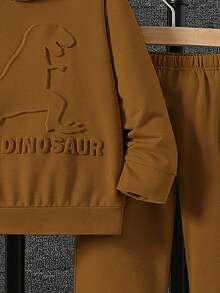 2 件套男童休闲 3D 恐龙图案连帽卫衣和裤子套装，春秋 - 咖啡棕 - 查看 4
