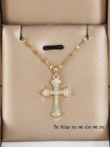 1pc Luxury Copper Zirconia Cross Pendant Necklace For Women - 金色 - 查看 1
