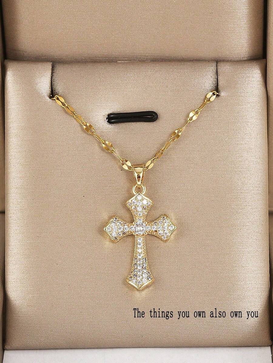 1pc Luxury Copper Zirconia Cross Pendant Necklace For Women - 金色 - 查看 1