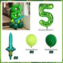 40 Inch Green Pixel Miner Themed Balloon Set, Diamond Sword Aluminum Film Balloon Jungle Game Event, Birthday Party Decoration