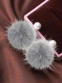 1 Pair Elegant Women's Jewelry Fashion Pearl & Faux Fur Ball Dangle Earrings, Chic Accessory Gift For Party