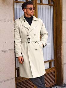 Runcati Mens Coat Double Breasted Long Casual Windbreaker Notched Lapel Belted Overcoat - Màu be - Xem 4