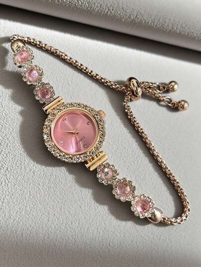 1 Piece Women's Pink Rhinestone Adjustable Bracelet Watch Alloy Case Elegant Quartz Watch With Rhinestone Dial