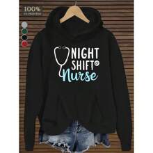 Women's Plus Size "Night Shift Nurse" Hoodie - Black Casual Long Sleeve With Stethoscope Graphic, Front Pocket, Machine Washable, Fall/Winter Comfort