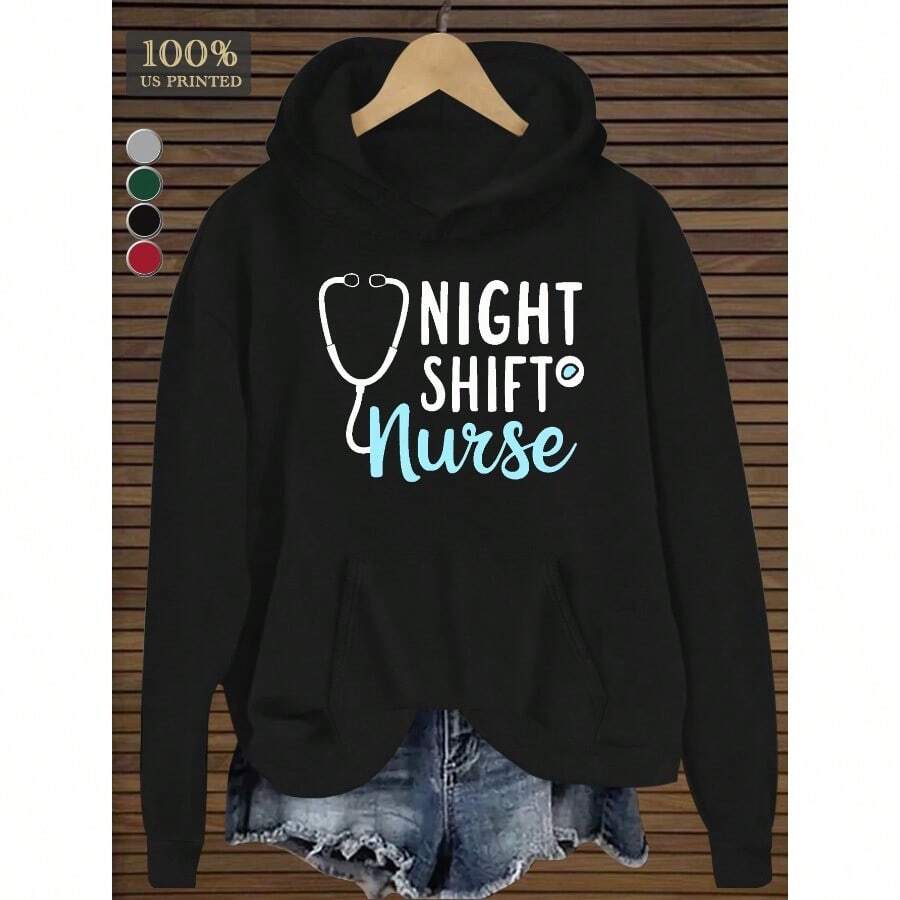 Women's Plus Size "Night Shift Nurse" Hoodie - Black Casual Long Sleeve With Stethoscope Graphic, Front Pocket, Machine Washable, Fall/Winter Comfort
