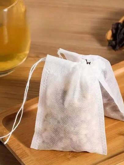 100 个无纺布茶过滤袋 - 带拉绳密封封口的草本茶浸泡器 - 茶包，带拉链封口的一次性茶包 - 无纺布茶叶过滤袋，适用于散装茶、咖啡、香草、香料 - 包括勺子，非常适合家庭、办公室或礼物，茶包，办公室茶包，简约设计，结构，一次性冷萃咖啡茶过滤袋
