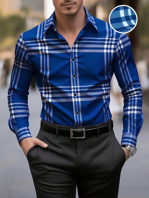 Men's Blue Classic Fashion Design Long Sleeve Single-Breasted Collar Shirt, Horizontal Striped Pattern Detail, Suitable For Spring, Summer, Autumn, Office, Business, Casual And Formal Occasions