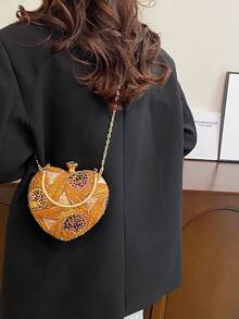 Túi xách hình trái tim bất đối xứng họa tiết hoa mùa hè, Ví cầm tay dự tiệc tối thanh lịch dành cho quý cô, Túi đeo vai dự tiệc, Ví cầm tay dự tiệc trang trọng, Túi đeo chéo xích, Ví đựng son môi và tiền xu - màu nâu - Xem 6