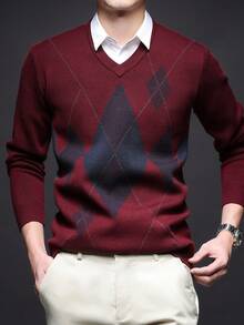 Men's Thick Round Neck Sweater, Business Casual Jacquard Knitted Long Sleeve Top, Suitable For Layering Or Outerwear, Plaid & Striped Pattern, Autumn/Winter - Red - View 3