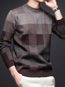 Men's Thick Round Neck Sweater, Business Casual Jacquard Knit Long Sleeve Top, Suitable For Layering Or Outerwear, Plaid & Striped Pattern, Autumn/Winter