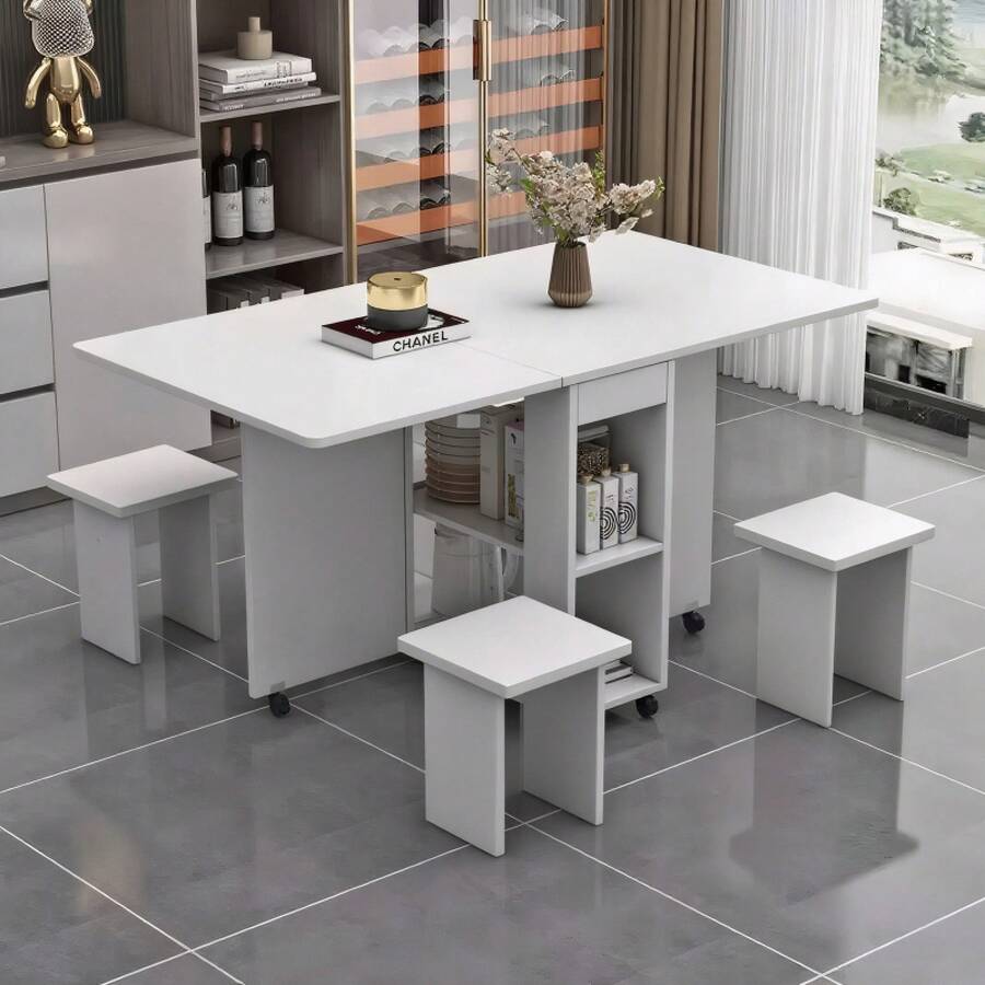 Folding Dining Table Set With 4 Chairs / Dining Table With Storage / Space-Saving Design / With 6 Wheels / Suitable For Family Gatherings And Afternoon Tea, White - 白色 - 查看 1