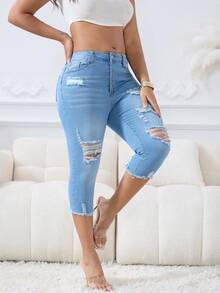 Women Fashion Casual Ripped Capri Jeans, Slim-Fit Elastic Denim Pants, Classic Fringes, Machine Washable - 淺色水洗藍 - 查看 5