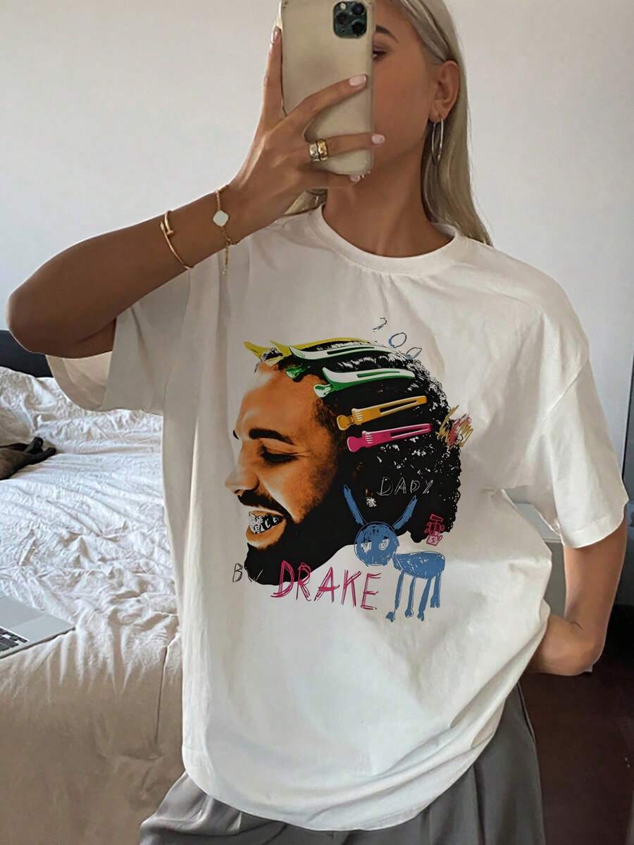Camiseta de mujer con estampado de retrato abstracto, vibrante, con pinzas de pelo de colores y diseño de animales de dibujos animados, estilo casual artístico, tela de algodón suave, ajuste cómodo. - Blanco - Ver 1