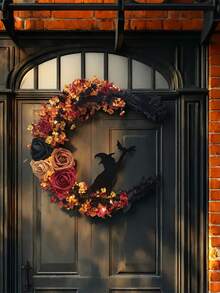 14inch Gothic Christmas Wreath - Cat Moon Silhouette With Autumn Leaves And Roses, Durable Plastic Door Hanging Decoration, Thanksgiving Home Decoration, Christmas Home Decoration, Moonlight Night Theme, Dark Aesthetic Handmade Style, Party Decoration, Fall Decor, Christmas Gifts, Christmas - Multicolor - View 11
