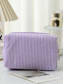 Customized Text & Striped Travel Toiletry Bag - Personalized Zipper Cosmetic Organizer Pouch, Portable Polyester Storage Box, Suitable For Travel, School, Dorm Or Home - Perfect Gift For Mom And Wife, School Essential Organizer, Waffle Material + Exclusive Name Embroidery, Christmas, Valentine's Day Gift, Makeup Brush Holder, Makeup Mirror Makeup Brush Lipstick Organizer, Portable For Business Trip And Travel. Suitable For Storing Cosmetics, Stationery, Car Accessories Christmas Beauty Accessories