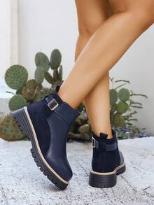 秋冬女士时尚 Y2K 侧拉链假日休闲度假扣环踝靴 - 寶藍色 - 查看 5