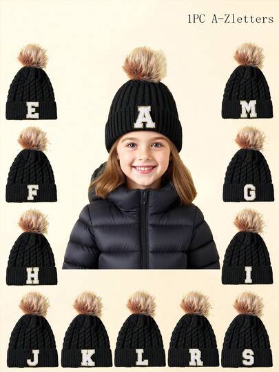 1pc Kids 26 Letters Knitted Beanie Hat, Boys Girls Winter Warm Brimless Cap, Suitable For Outdoor, Daily Wear, Windproof, Gift