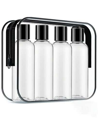 TSA Approved Travel Bottles - 3.4oz/100ml Leak-Proof Refillable Plastic Bottles For Shampoo, Conditioner, Lotion - Transparent Travel Toiletry Set (With Carrying Bag, 4 Pcs, Black), Unisex