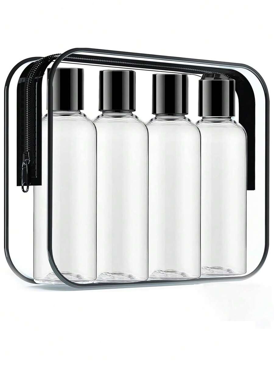 TSA Approved Travel Bottles - 3.4oz/100ml Leak-Proof Refillable Plastic Bottles For Shampoo, Conditioner, Lotion - Transparent Travel Toiletry Set (With Carrying Bag, 4 Pcs, Black), Unisex - Multicolor - View 1