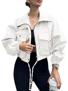 Womens Cropped Zip Up Lightweight Oversized Utility Anorak Coat With Pockets, Style EBU0 - White - View 1