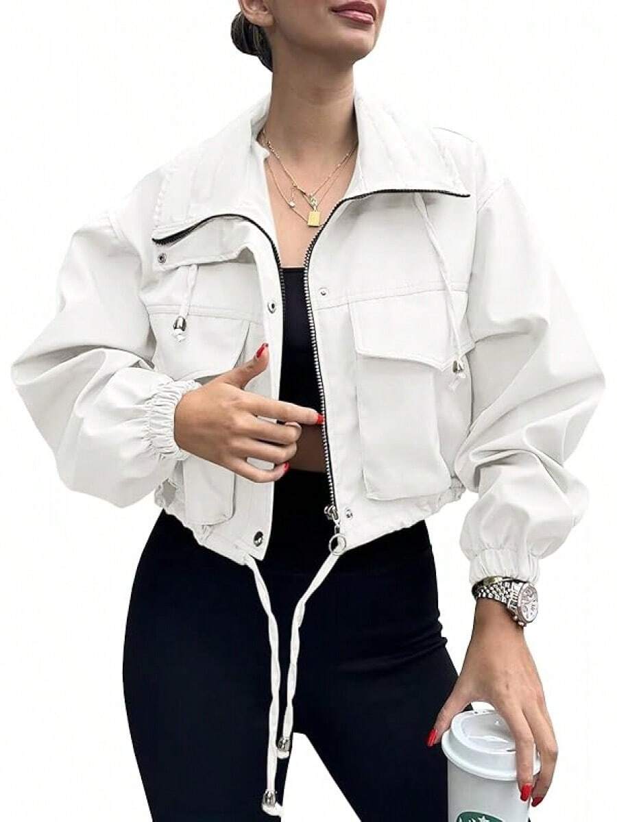 Womens Cropped Zip Up Lightweight Oversized Utility Anorak Coat With Pockets, Style EBU0 - White - View 1