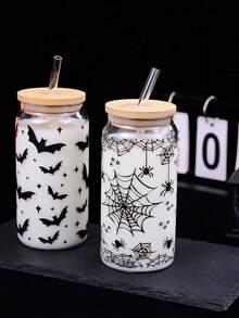 1pc Cute Halloween Glass Cup With Bamboo Lid & Reusable Straw - 500ml Jar Design, Bat, Spider, Ghost & Floral Decor, Suitable For Beer, Juice, Iced Coffee - Halloween Party Decor & Summer Beverage Container, Fun Drinking Glass, Bat Pattern, Durable Glass, Themed Glass Cup, Trick Or Treat