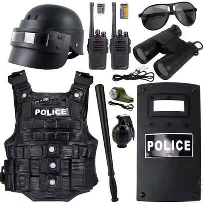2025新款儿童角色扮演玩具套装/子弹链 - （10件套 - 套装必备防弹背心、头盔、盾牌）角色扮演道具模型玩具 - 特警软弹逼真迷你特警全套装备 - 男孩游戏 - 节日角色扮演玩具装备 - 生日礼物 - 圣诞礼物 - 万圣节礼物 - 平安夜礼物 - 完美礼物
