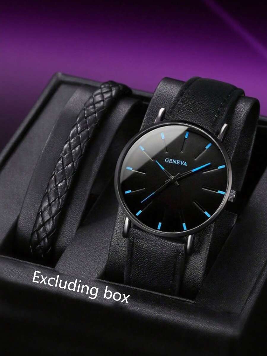 1pc Men's Business Leather Strap Quartz Watch Paired With 1pc Versatile Simple Braided Rope Bracelet