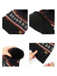 Set de 3 bucăți de iarnă, nou, gros și cald pentru femei, căciulă, mănuși și eșarfă cu model de fulg de zăpadă, perfect pentru activități în aer liber, cum ar fi schi, cumpărături și alpinism. - Negru - Vizualizare 4