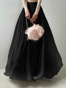 Falda maxi elegante de mujer de gasa de malla sólida negra con pliegues, ideal para festivales de música, fiestas, uso diario de chicas jóvenes, sesiones de fotos en la playa y vacaciones, atuendo casual de oficina para primavera/verano - Negro - Ver 10