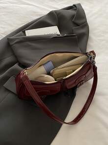 新款时尚双口袋装饰手提包托特包单肩包，适合聚会、郊游、度假、购物和日常使用，可存放硬币、手机，也适合作为白领、大学生和办公室职员的工作包，优雅的女士包 - 紅色 - 查看 6