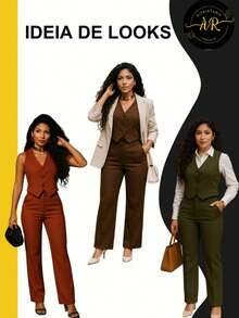 Women's Tailored Set, V-Neck Vest And Elegant Pants, Casual Fashion Blogger - Rust Brown - View 5