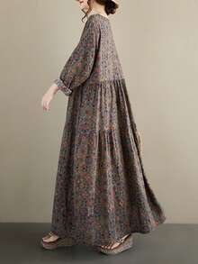 AZAH Festival de Primavera Chino, Tops 2026, Vestido Largo de Otoño, Vestido Suelto Plisado de Cuello Redondo y Manga Larga de Otoño, Vestido Casual Bohemio de Vacaciones Diarias, Vestido Retro de Talla Grande para Mujer, Un Vestido, Estampado Aleatorio - Café integral - Ver 3