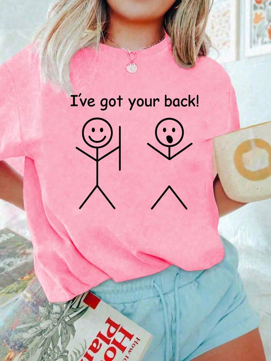 1 Pack Girls Casual Printed Crew Neck Short Sleeve T-Shirt Summer Student Youth Clothing - 粉色 - 查看 1