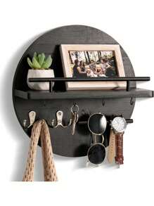 壁挂式钥匙架，带置物架和挂钩，邮件收纳架，圆形玄关钥匙架，乡村风格家居装饰 - 1 Pack - 查看 1