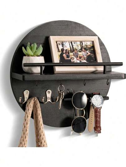 Portachiavi da parete decorativo con mensola e ganci, organizer per la posta da montare a parete, design circolare portachiavi da ingresso, arredamento rustico per la casa